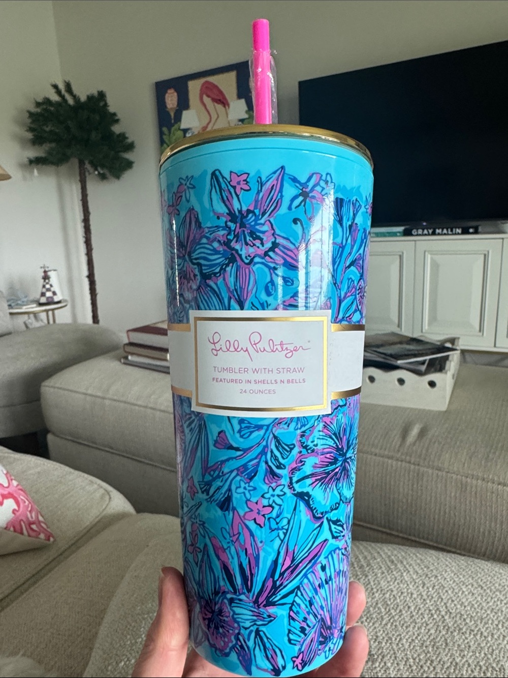 Lilly Pulitzer Turquoise Floral Tumbler with Pink Straw New